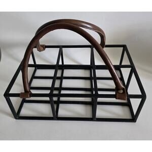 Metal Bottle Carrier with Leather Handles Holds 6 Bottles